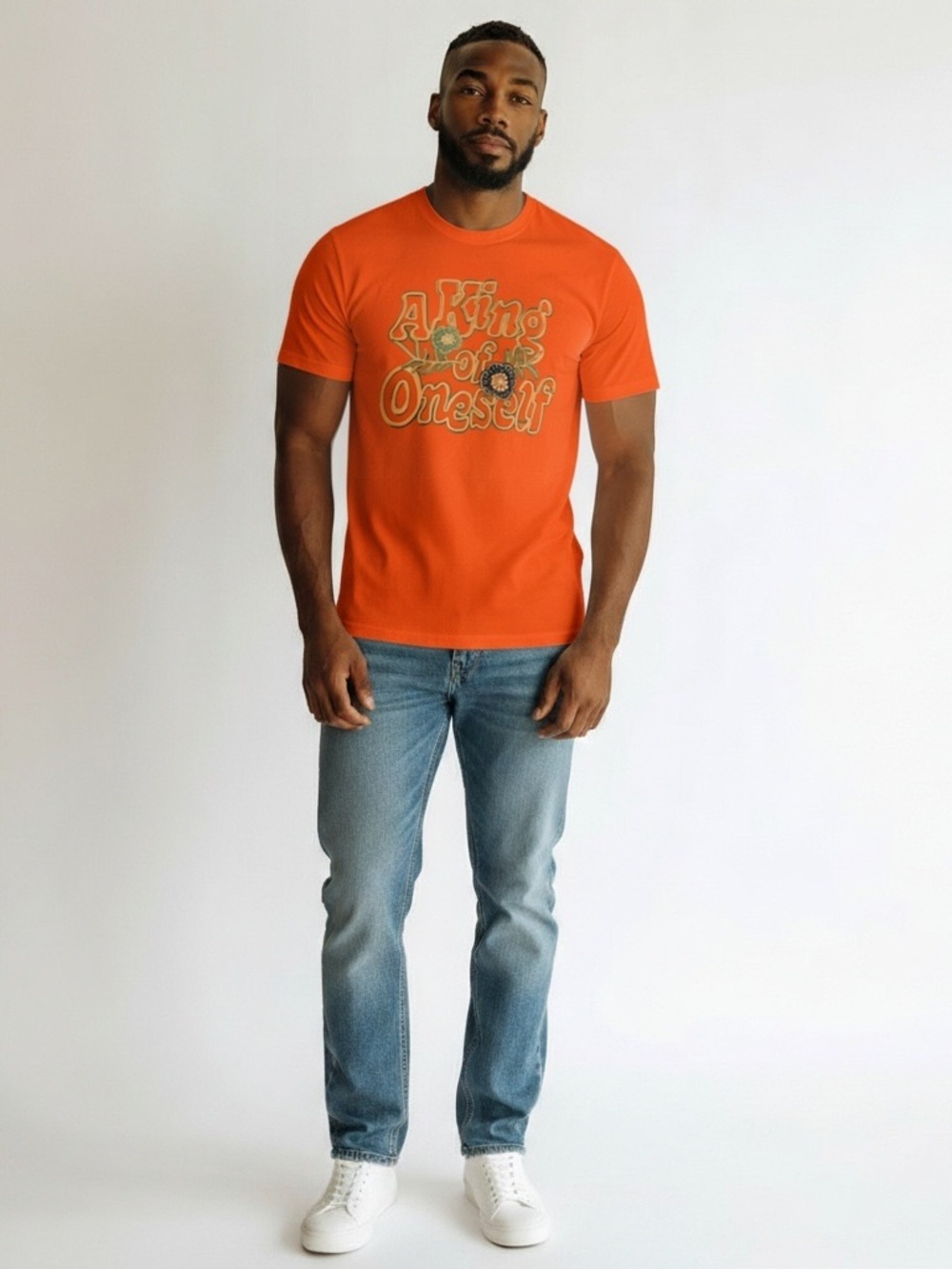 AKOO Men’s Large A King of Oneself Orange Floral Graphic T-Shirt Tee